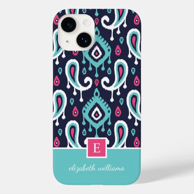 Monograma de Paisley de Ikat, marinho e Rosa (Verso)