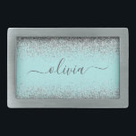Monograma de Prata Leve Azul Aqua<br><div class="desc">Azul-Aqua - Balão-de-Leite e Silver Sparkle Script Monograma Name Belt Buckle. Isso faz a formatura perfeita, doce 16 16, 18, 21rua, 40, 50, 60, 70, 80, 90, 100 anos, casamento, chá de panela, aniversário, chá de fraldas ou presente de festa de solteira para alguém que ama luxo de vidro e...</div>