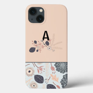 Monograma de Repetição Floral de Pêssego Azul c