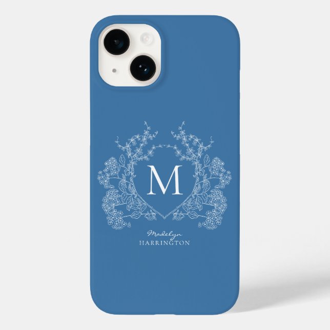 Monograma de repouso floral azul moderno francês (Verso)