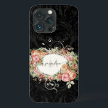 Monograma de Script Preto Cor-de-Rosa Floral Elega<br><div class="desc">"Elegante Vintage Floral Pink Preto Monograma iPhone 13 Case."O    Elegante buquê botânico floral vintage enquadra seu nome e monograma sobre um fundo de cor damasco preto tom-a-tom.  Criada por uma artista internacionalmente licenciada,  Audrey Jeanne Roberts,  copyright.</div>