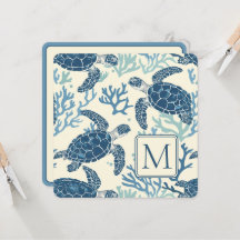 Monograma de Tartarugas Marinhas Azul e Creme