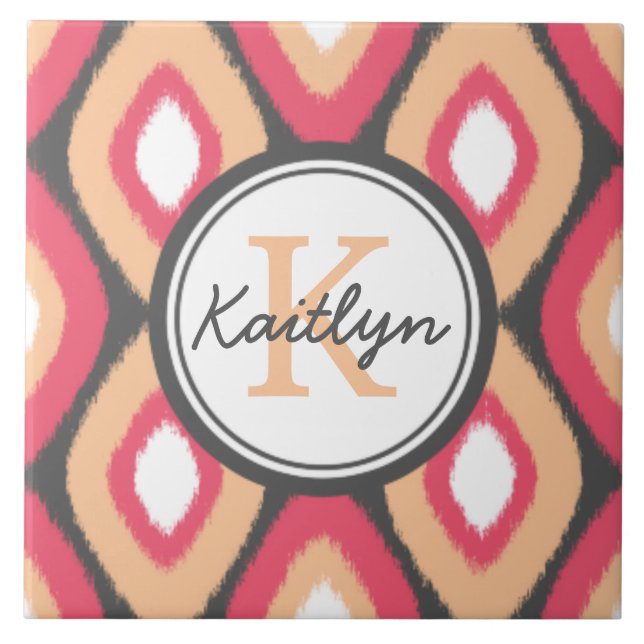 Monograma Diamantes Ikat Cinza Rosa Padrão (Frente)