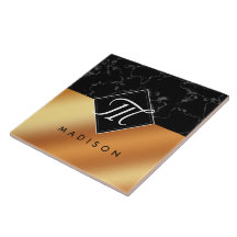 Monograma do Elegante Black Marble & Copper Foil