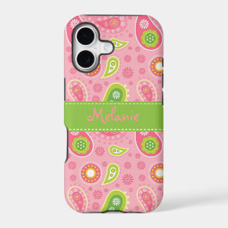 Monograma do iPhone Rosa e Verde Paisley Personali
