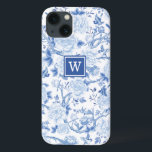 Monograma do Jardim de Pássaros Branco Azul<br><div class="desc">Esta design de inspiração chinesa apresenta elegantes florais botânicos,  aves e verde em azul e branco delft. Personalize a capa de telefone com o seu monograma ou inicial.</div>