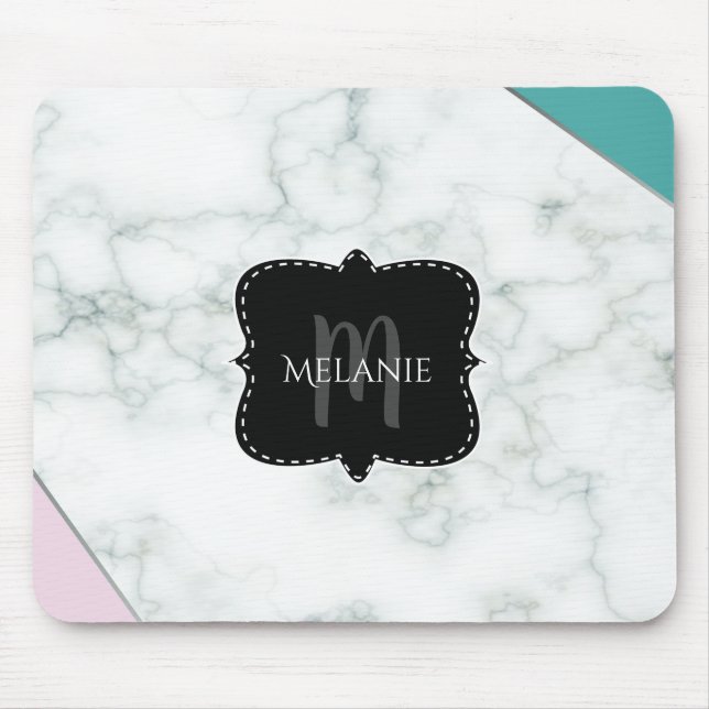 Monograma do Mouse Pad Pink Aqua Marble (Frente)