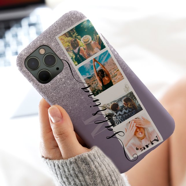 Monograma do nome da colagem da grelha de fotograf (Purple glitter 4 photo grid collage name monogram Case-Mate iPhone case)