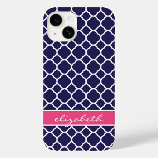 Monograma do Quatrefoil Azul e Rosa marinho