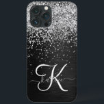Monograma do Sparkle Preto com Glitter de Prata Pe<br><div class="desc">Personalize facilmente esta elegante design de capa de telefone de de tendências que apresenta brilho prateado bonito num fundo metálico escovado preto.</div>