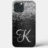 Monograma do Sparkle Preto com Glitter de Prata Pe