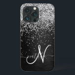 Monograma do Sparkle Preto com Glitter de Prata Pe<br><div class="desc">Personalize facilmente esta elegante design de capa de telefone de de tendências que apresenta brilho prateado bonito num fundo metálico escovado preto.</div>