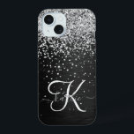 Monograma do Sparkle Preto com Glitter de Prata Pe<br><div class="desc">Personalize facilmente esta elegante design de capa de telefone de de tendências que apresenta brilho prateado bonito num fundo metálico escovado preto.</div>