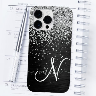 Monograma do Sparkle Preto com Glitter de Prata Pe