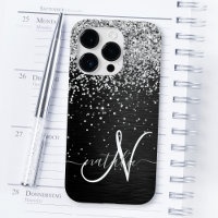 Monograma do Sparkle Preto com Glitter de Prata Pe