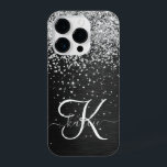Monograma do Sparkle Preto com Glitter de Prata Pe<br><div class="desc">Personalize facilmente esta elegante design de capa de telefone de de tendências que apresenta brilho prateado bonito num fundo metálico escovado preto.</div>