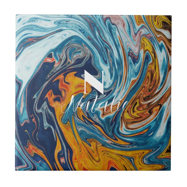 Monograma Dourado Azul Elegante (Frente)