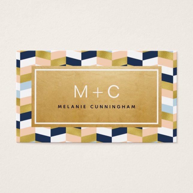 Monograma Dourado Chevron Herringbone Cartões de v (Frente)