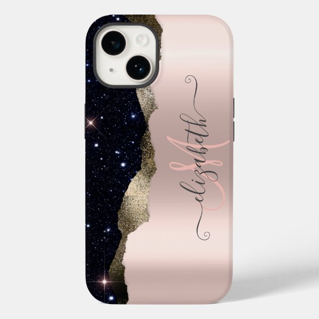 Monograma Dourado com Rosa de brilho preto moderno (Verso)