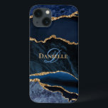 Monograma Dourado de Glitter de Agato Azul de Tend<br><div class="desc">Faça uma declaração com esta capa de telefone azul e marinho dourada do monograma do gode. *Se você precisar de ajuda de design ou quiser mais produtos compatíveis,  entre em contato comigo através do Zazzle.</div>