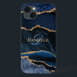 Monograma Dourado de Glitter de Agato Azul de Tend<br><div class="desc">Faça uma declaração com esta capa de telefone azul e marinho dourada do monograma do gode. *Se você precisar de ajuda de design ou quiser mais produtos compatíveis, entre em contato comigo através do Zazzle.</div>