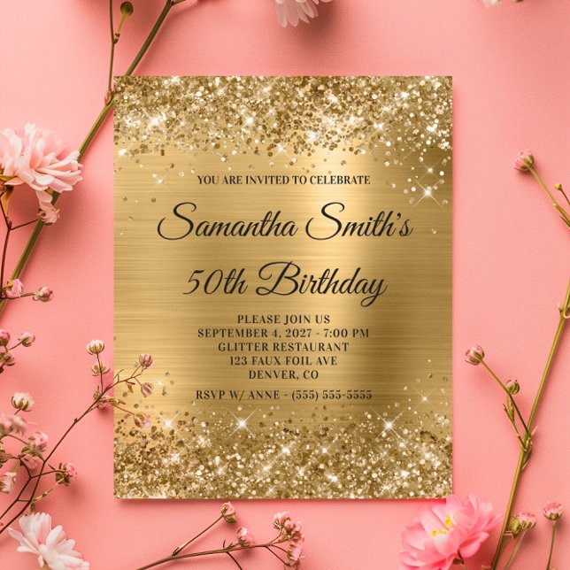 Monograma Dourado de Glittery Orçamento 50th Anive (Budget Glittery Gold Monogram 50th Birthday Invite)
