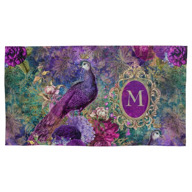 Monograma Dourado de Teal Roxo Elegante Peacock (Frente)