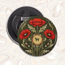 Monograma Dourado Papoulas Vermelhas Art Nouveau V