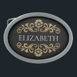Monograma Elegante Dourado<br><div class="desc">Uma elegante fivela preta e dourada. Então, Chic e na moda! Adicione seu nome entre o floral dourado floral na frente. Projetado para você pelo Blackberry Boulevard.</div>