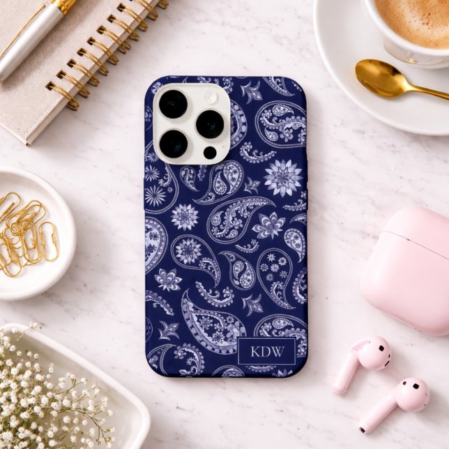 Monograma Elegante Paisley Azul (Criador carregado)