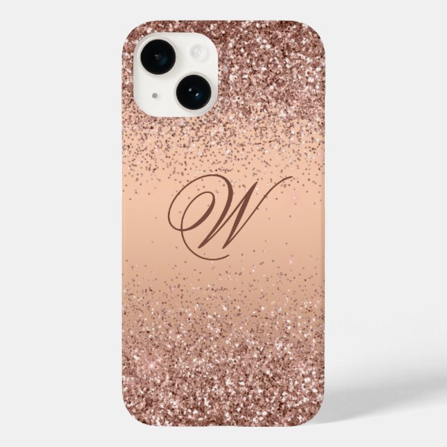 Monograma Faux Rosa Glitter Dourado iPhone 14 Case (Verso)