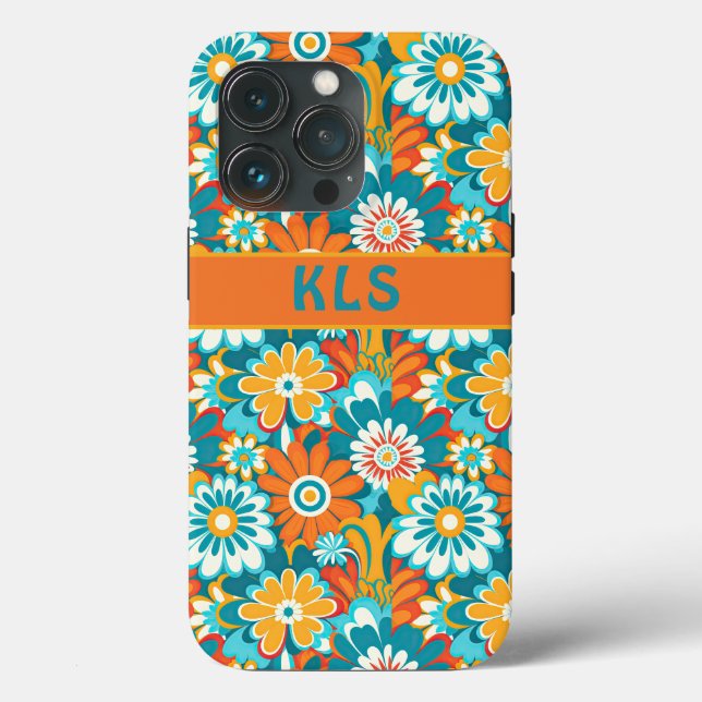 Monograma Floral Amarelo e Laranja Teal Retro (Verso)