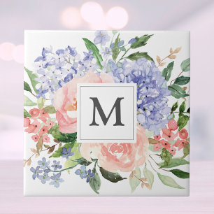 Monograma Floral Azul Rosa Hydrangea Peônia Primav