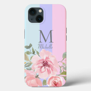 Monograma Floral bonito, Azul-Rosa, Riscado
