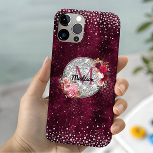 Monograma floral bordô em lantejoulas prateadas ch