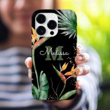 Monograma Floral de Ilha Tropical Dourado Preto
