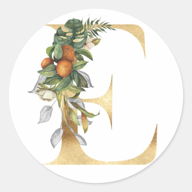 Monograma floral dourado Adesivo Circular Clássico (Frente)