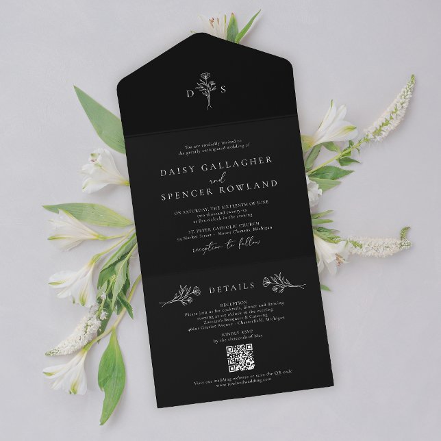 Monograma Floral Preto Simples com Casamento RSVP  (Criador carregado)