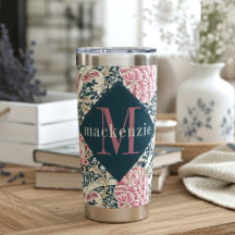 Monograma Floral Rosa Azul William Morris Elegante