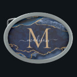 Monograma Girílico de Geodo de Agate Dourado Azul<br><div class="desc">Marinho Glam Moderno Blue Dourado Glitter Sparkle Agate Geode Gemstone Elegante Feminino Monograma Script Name Belt Buckle</div>