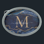 Monograma Girílico de Geodo de Agate Dourado Azul<br><div class="desc">Marinho Glam Moderno Blue Dourado Glitter Sparkle Agate Geode Gemstone Elegante Feminino Monograma Script Name Belt Buckle</div>