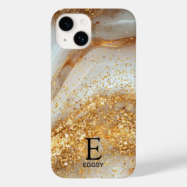 Monograma glitter dourado mármore branco chic (Verso)
