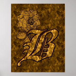 Monograma inicial B Peony Floral Poster Dourado