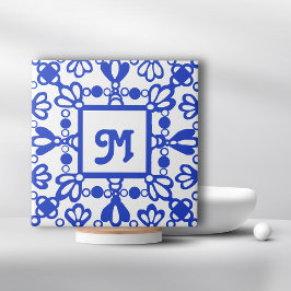 Monograma inicial de Ornamentado Azul Delft Desenh
