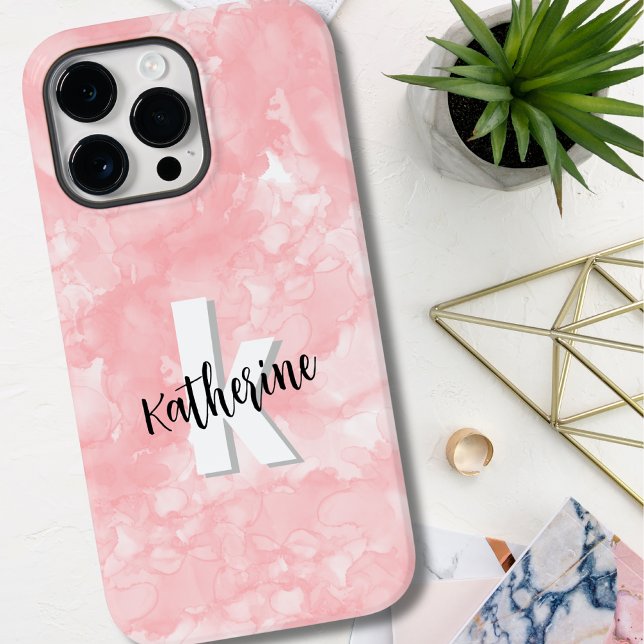 Monograma Inicial em Aquarela Rosa (Simple Pink Watercolor Initial Monogram Case-Mate iPhone 14 Pro Max Case)