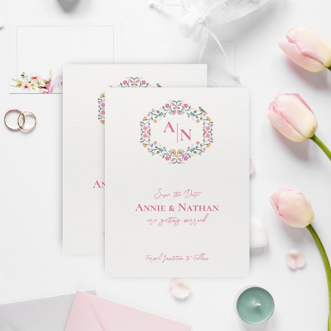 Monograma Intrata Casamento Floral Salvar a Data (Monogram Intricate Floral Wedding Save the Date)