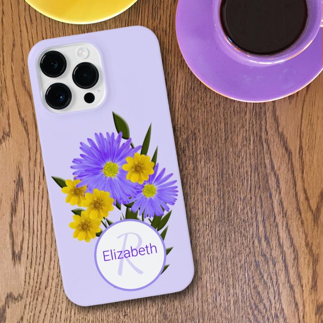 Monograma - Letra Púrpura e Amarela Flores (An easy to personalize monogram phone case that can make a great custom gift for someone special.)