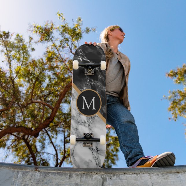Monograma - Letra skateboard Gift Black Marble (Ao ar livre 1)