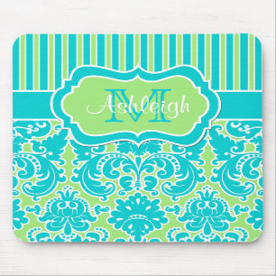 Monograma listrado branco Mousepad do damasco do