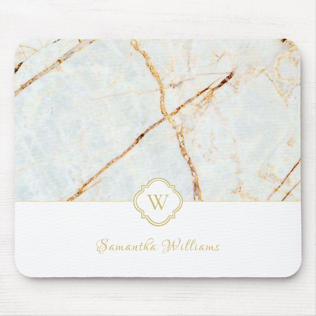 Monograma Marble Elegant White Dourado Mousepad (Frente)